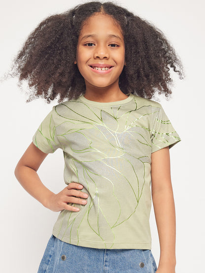 Pampolina Girls Allover Floral Printed Half Sleeve Top-Green