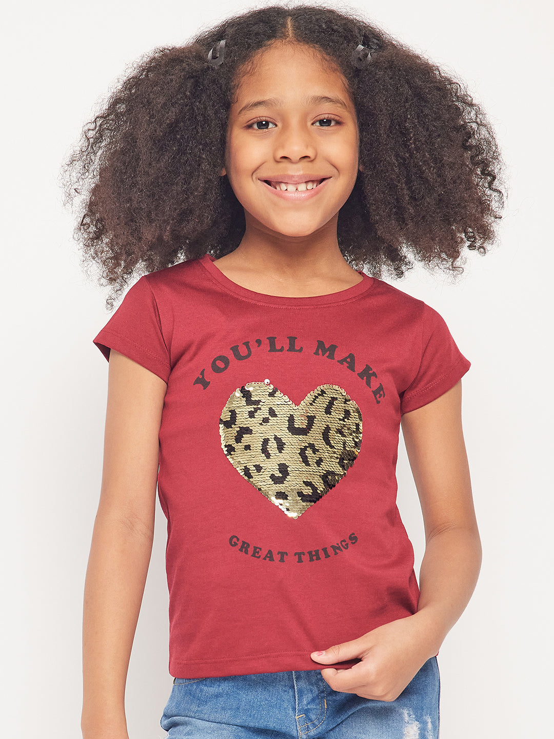 Pampolina Girls Sequin Heart Printed Top- Mahrooon