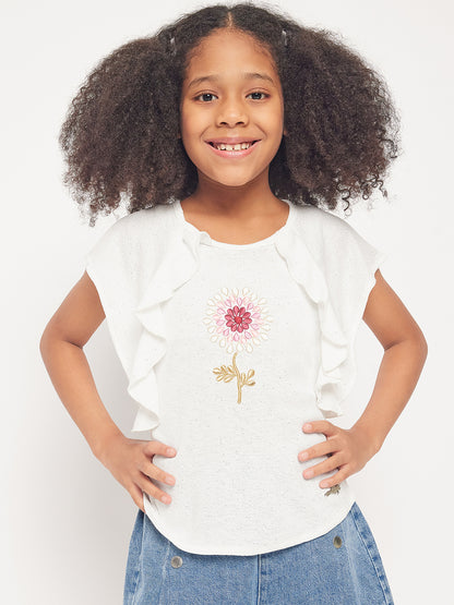 Pampolina Girls Half Sleeve Floral Printed Top-White