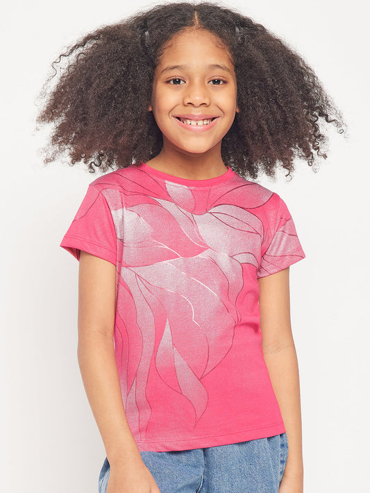 Pampolina Girls Allover Floral Printed Half Sleeve Top-Magenta