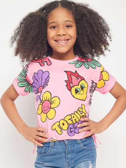 Pampolina Girls Graphic Floral Printed Top-Pink