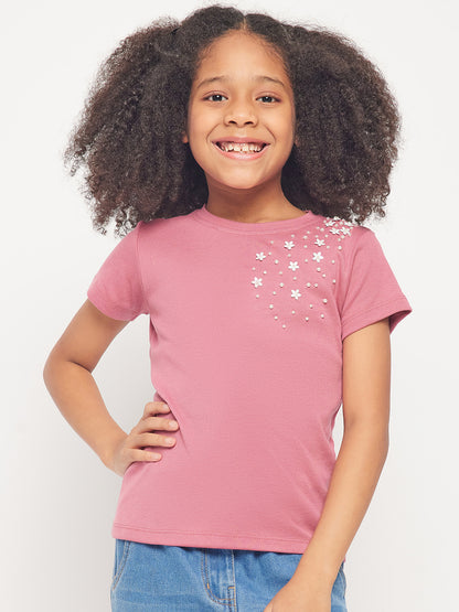 Pampolina Girls Sequined Printed Half Sleeve Top- Onion Pink