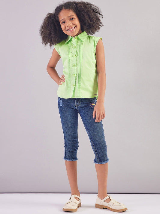 Pampolina Girls Collar Neck Textile Top-Green
