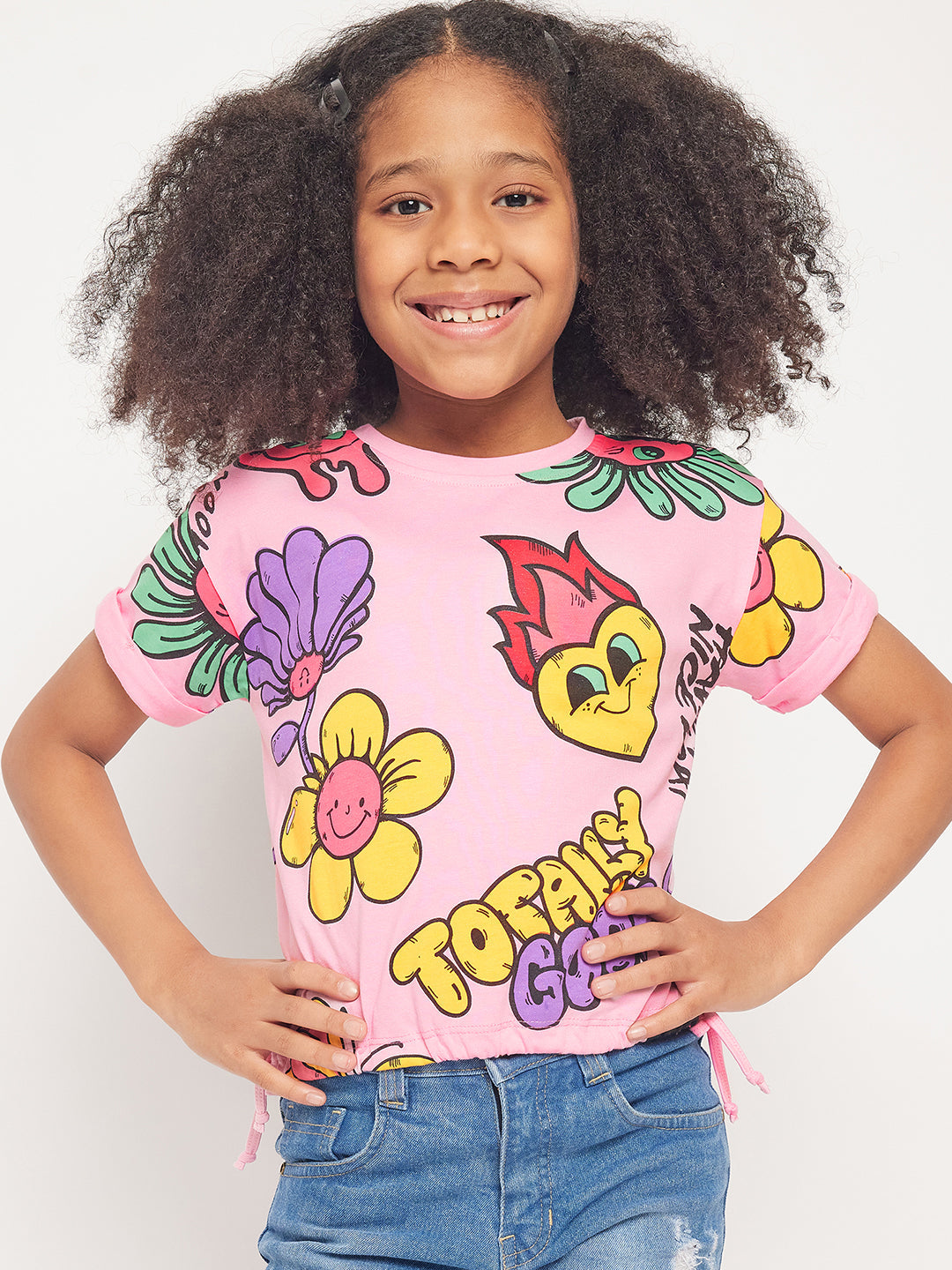 Pampolina Girls Graphic Floral Printed Top-Pink