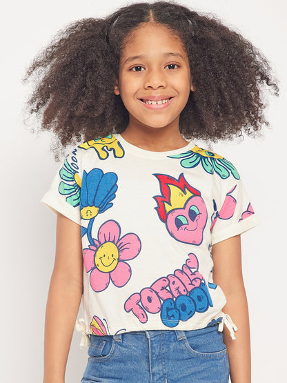Pampolina Girls Graphic Floral Printed Top-Off-White