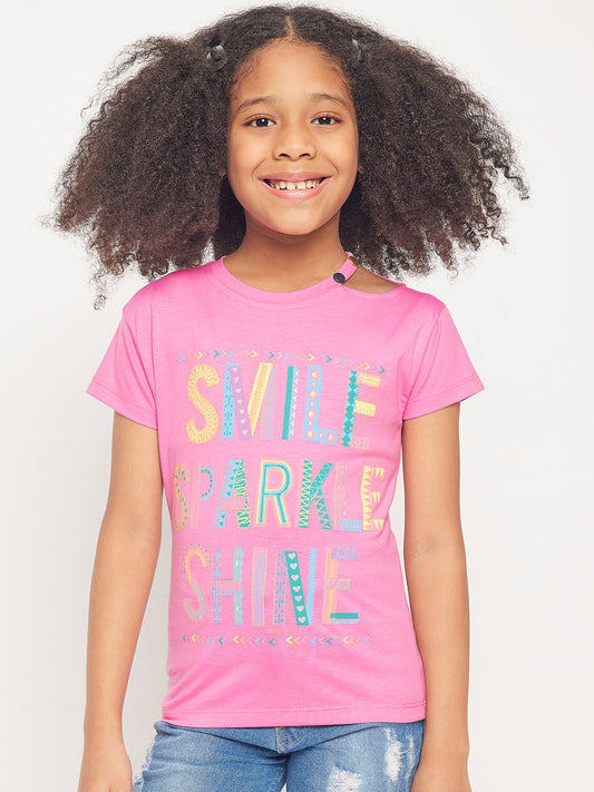 Pampolina Girls Printed Top With Cold Shoulder-Pink