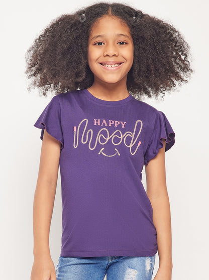 Pampolina Girls Mood Embroidery Printed Top- Purple