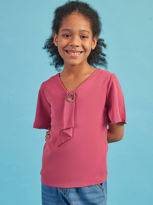 Pampolina Half Sleeve Solid Top With Tie-Coral
