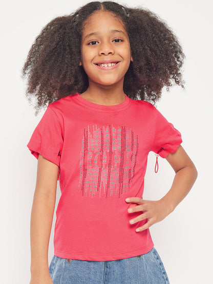 Pampolina Girls Sequin Printed Top- Coral