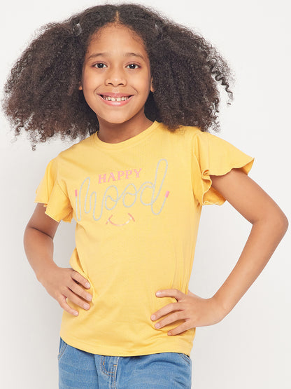 Pampolina Girls Mood Embroidery Printed Top- Mustard