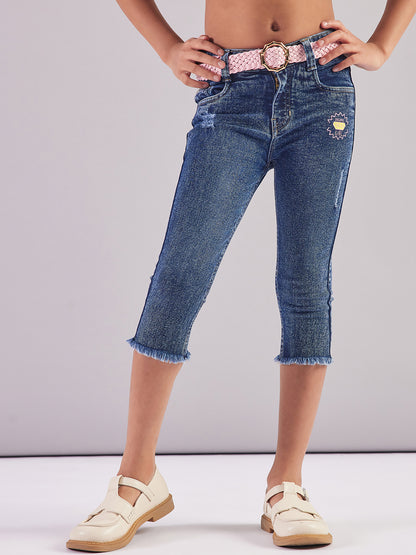 Pampolina Girls Denim Solid Capri- D.Blue