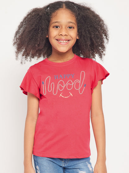 Pampolina Girls Mood Embroidery Printed Top- Coral