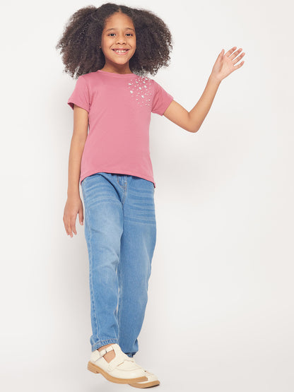 Pampolina Girls Sequined Printed Half Sleeve Top- Onion Pink