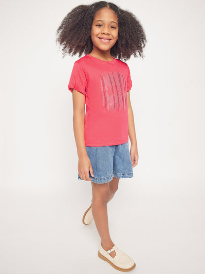 Pampolina Girls Sequin Printed Top- Coral