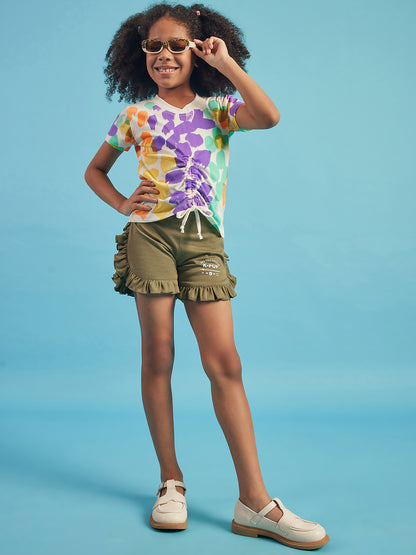 Pampolina Girls Printed Shorts-Olive