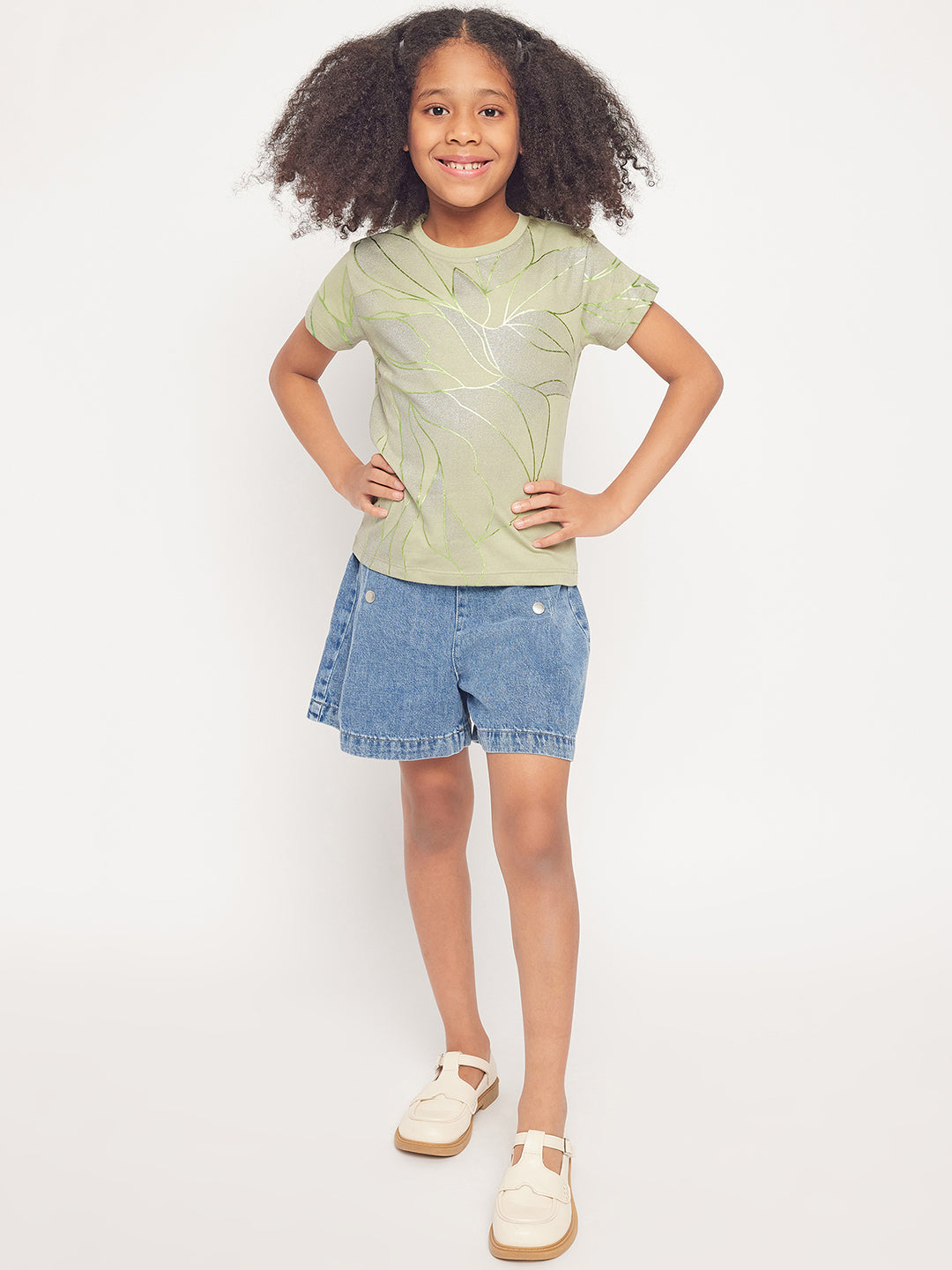 Pampolina Girls Allover Floral Printed Half Sleeve Top-Green