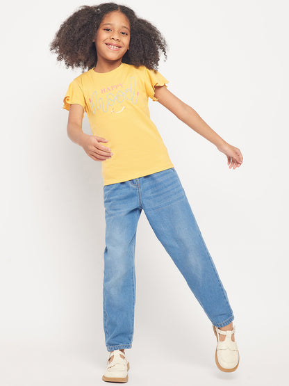 Pampolina Girls Mood Embroidery Printed Top- Mustard