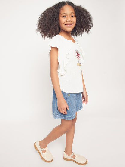 Pampolina Girls Half Sleeve Floral Printed Top-White