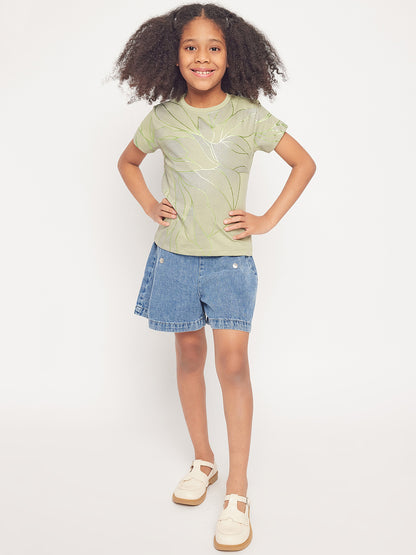 Pampolina Girls Allover Floral Printed Half Sleeve Top-Green