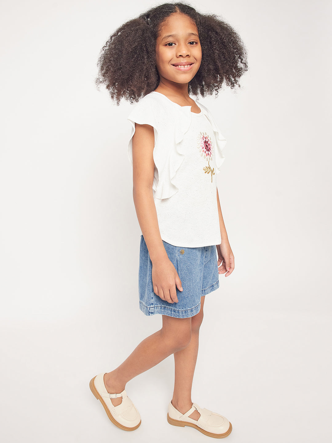 Pampolina Girls Half Sleeve Floral Printed Top-White