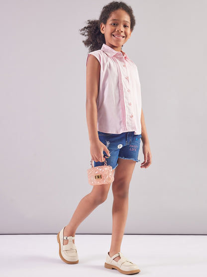 Pampolina Girls Printed Denim Shorts- Dark Blue