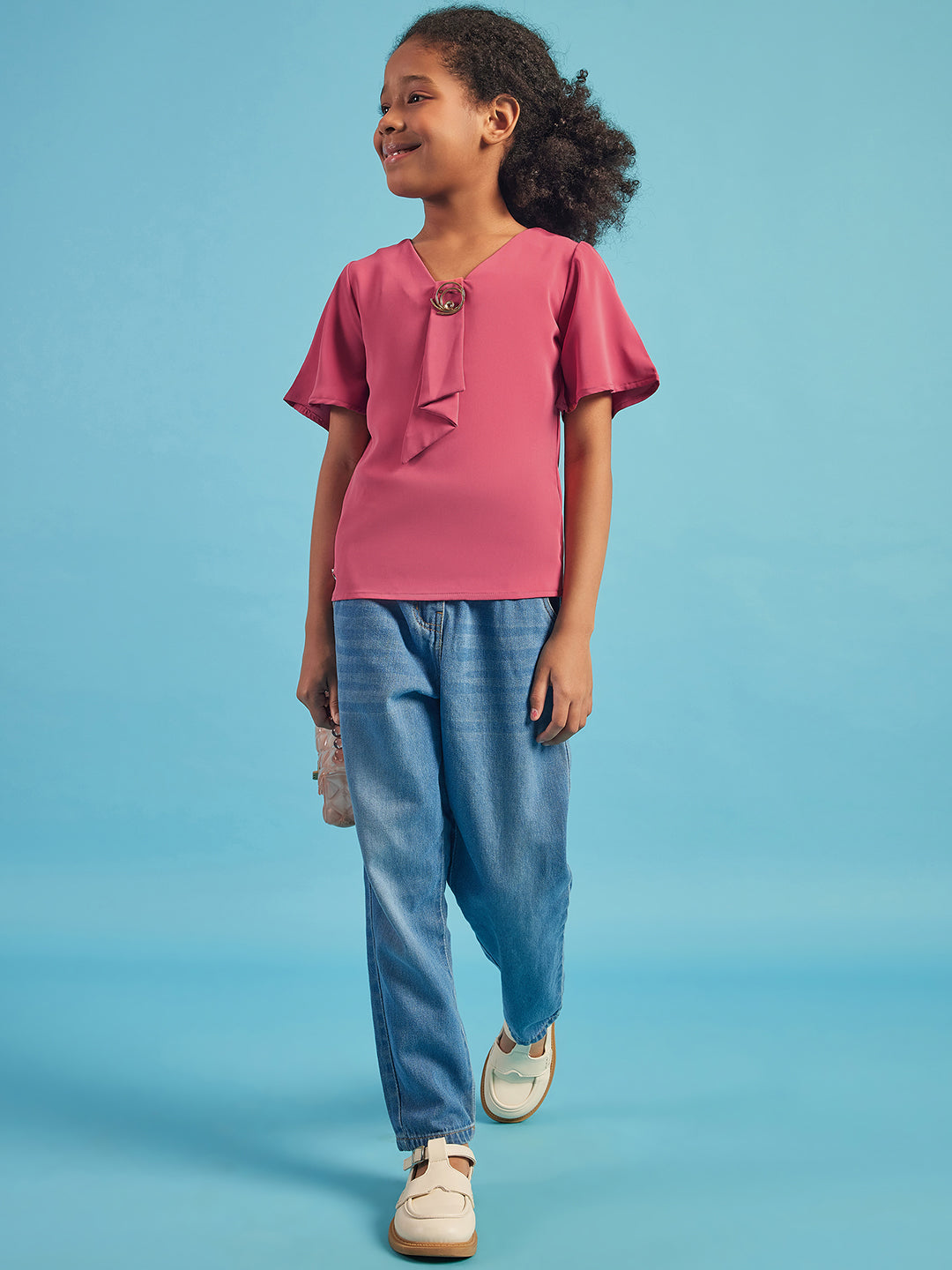 Pampolina Half Sleeve Solid Top With Tie-Coral