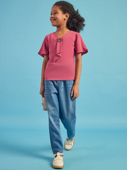 Pampolina Half Sleeve Solid Top With Tie-Coral