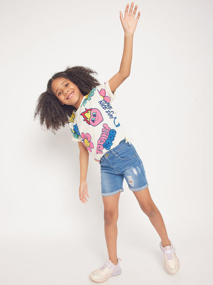 Pampolina Girls Graphic Floral Printed Top-Off-White