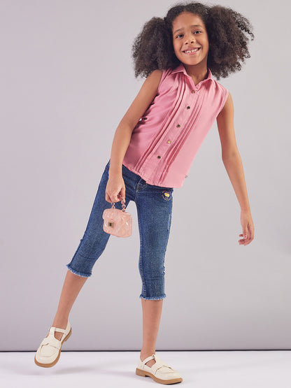 Pampolina Girls Denim Solid Capri- D.Blue
