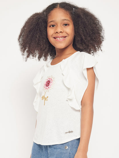 Pampolina Girls Half Sleeve Floral Printed Top-White