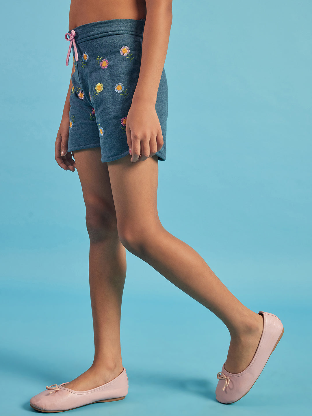 Pampolina Girls Floral Embroidery Printed Shorts-Denim
