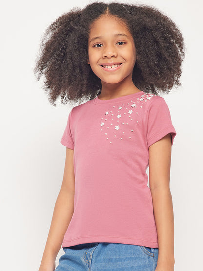 Pampolina Girls Sequined Printed Half Sleeve Top- Onion Pink