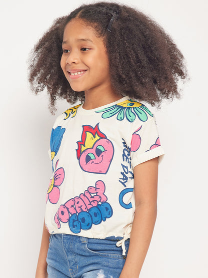 Pampolina Girls Graphic Floral Printed Top-Off-White