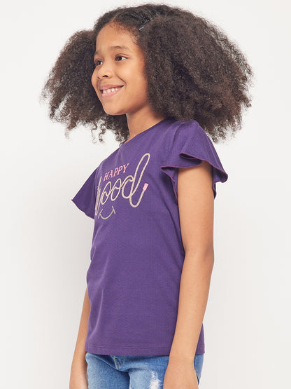 Pampolina Girls Mood Embroidery Printed Top- Purple