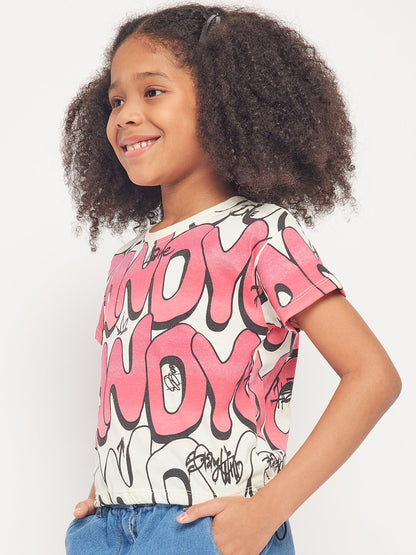 Pampolina Girls Graphic Allover Printed Top-Off-White