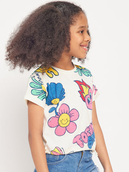 Pampolina Girls Graphic Floral Printed Top-Off-White