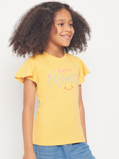 Pampolina Girls Mood Embroidery Printed Top- Mustard