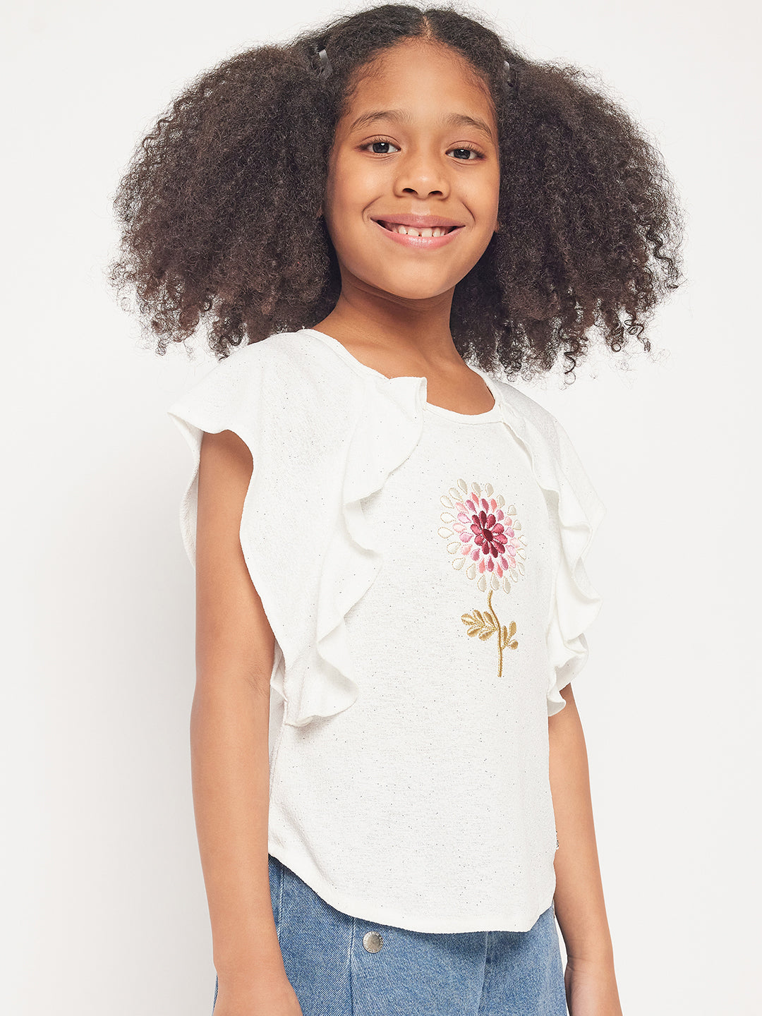 Pampolina Girls Half Sleeve Floral Printed Top-White