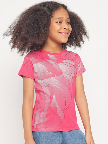 Pampolina Girls Allover Floral Printed Half Sleeve Top-Magenta
