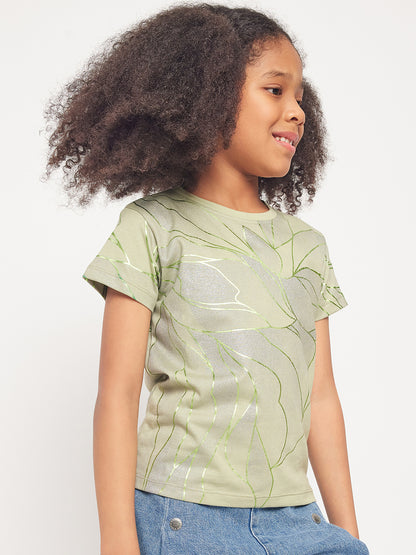 Pampolina Girls Allover Floral Printed Half Sleeve Top-Green