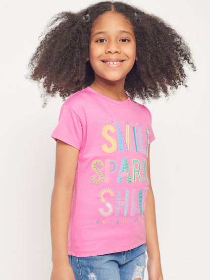 Pampolina Girls Printed Top With Cold Shoulder-Pink