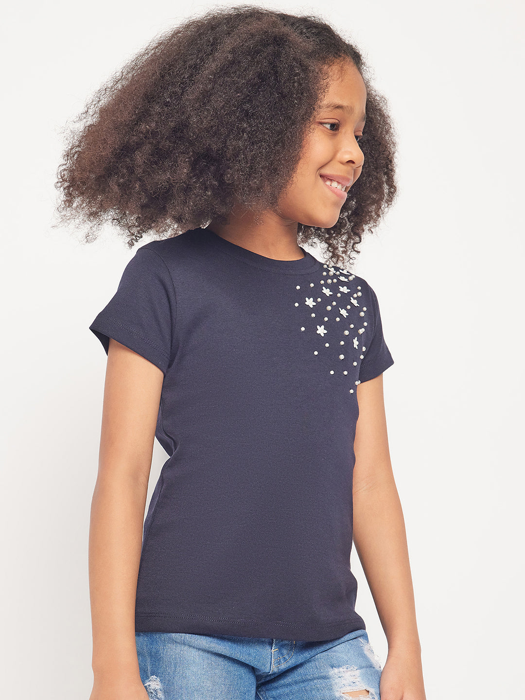 Pampolina Girls Solid Half Sleeve Top- Navy Blue