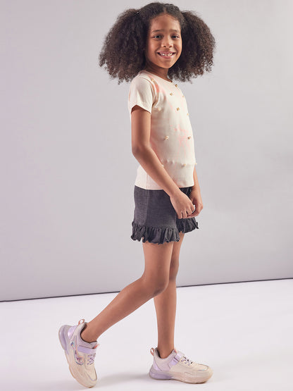 Pampolina  Girls Sequined Printed Top- Off-White