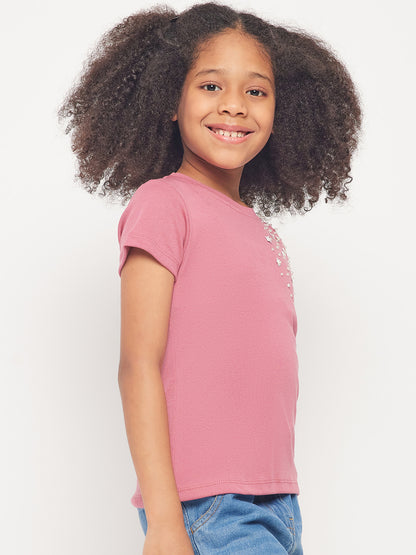 Pampolina Girls Sequined Printed Half Sleeve Top- Onion Pink