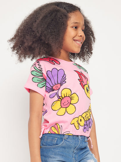 Pampolina Girls Graphic Floral Printed Top-Pink