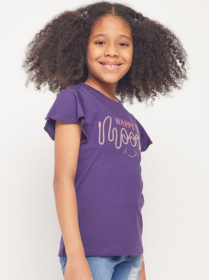 Pampolina Girls Mood Embroidery Printed Top- Purple
