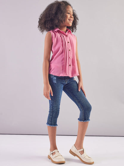 Pamolina Girls Sleeveless Solid Textile Top-Pink