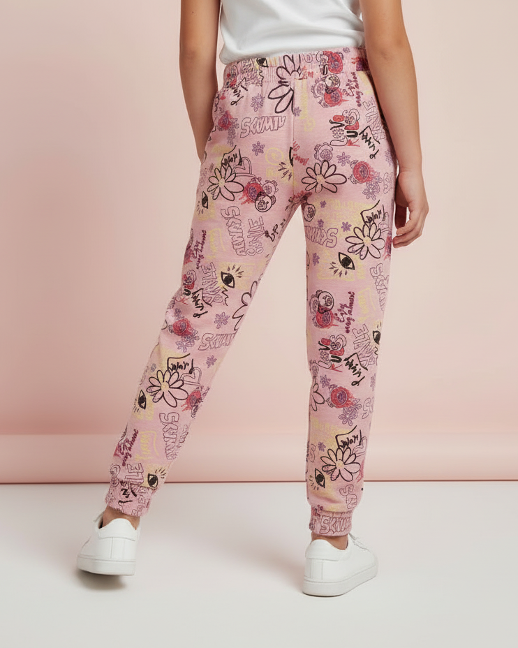 Cozy High-Waist Full-Length Printed Leggings for Children Pink Color