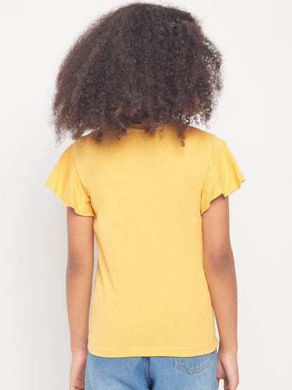 Pampolina Girls Mood Embroidery Printed Top- Mustard