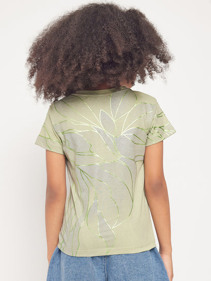 Pampolina Girls Allover Floral Printed Half Sleeve Top-Green